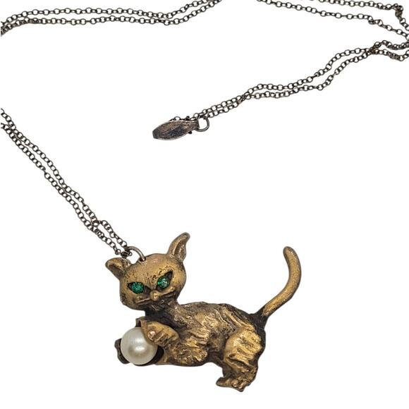 Estate Jewelry - Vintage Whimsical Cat Pearl Rhinestone Pendant Necklace